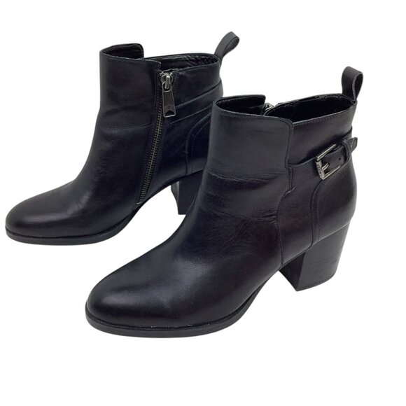 Lauren Ralph Lauren Genna Leather Ankle Boots Womens 7B Black Side Zipper & Buck - Picture 1 of 14